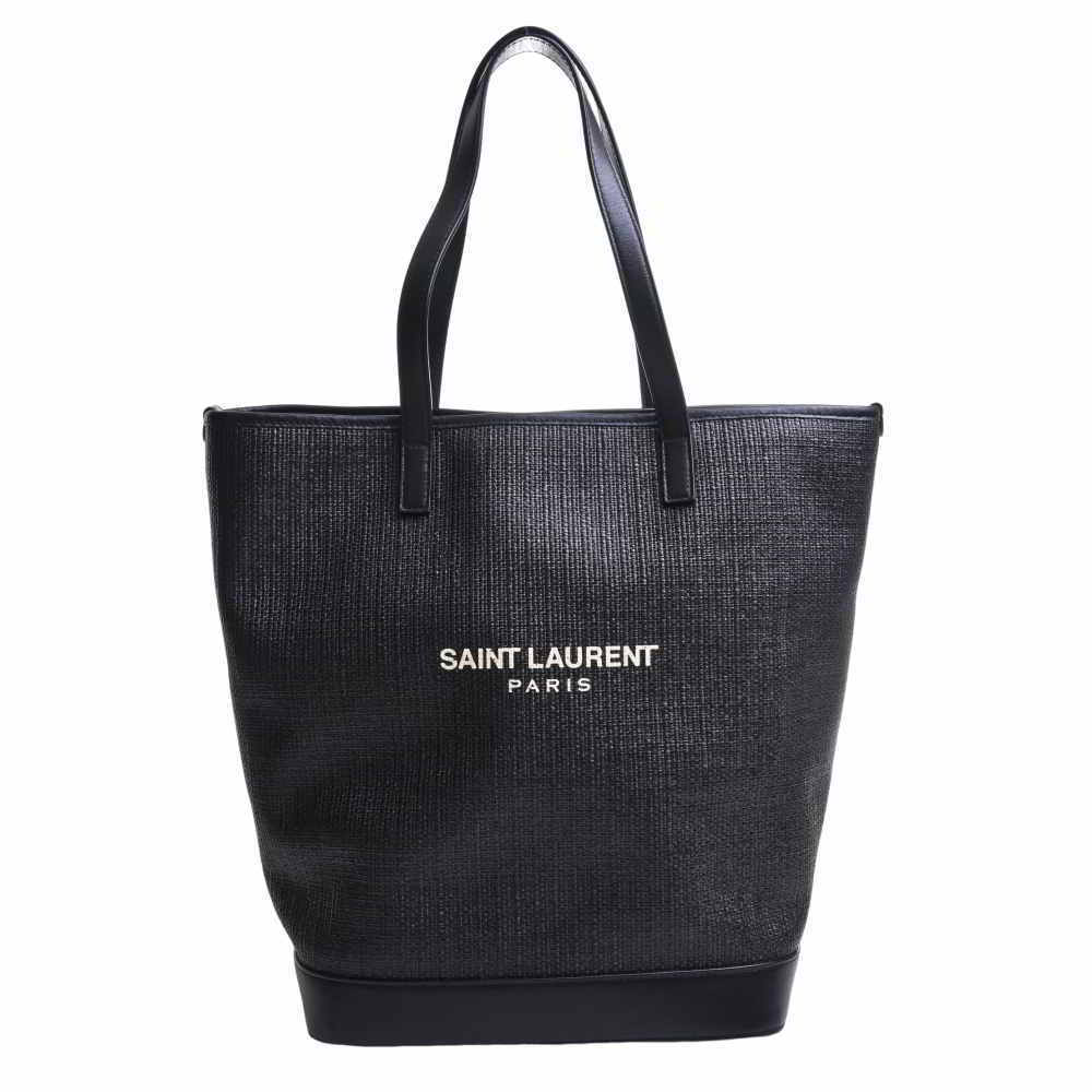 Saint Laurent Raffia Leather Teddy Tote Bag Black